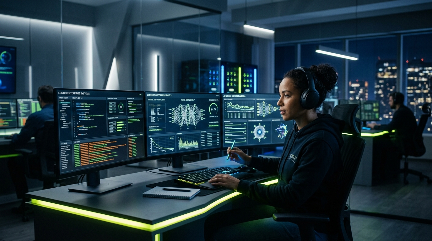 Developer monitoring code dashboards for legacy systems and AI models.